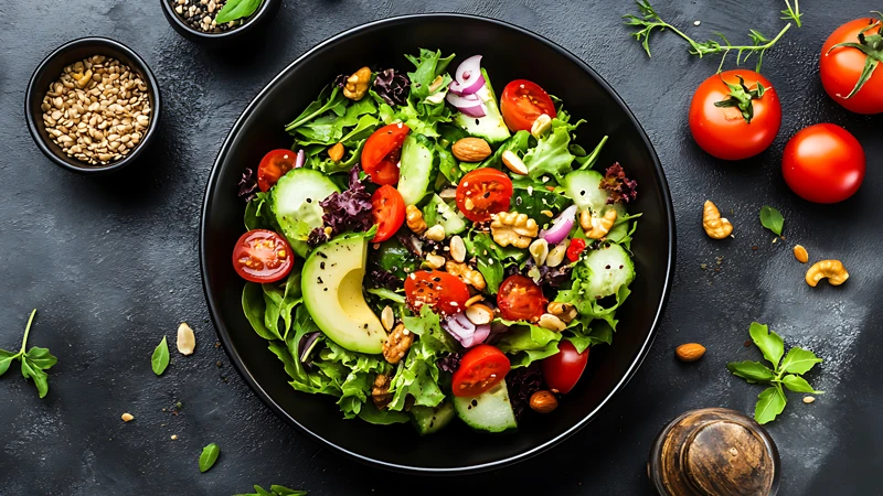 A vibrant salad bowl with fresh vegetables and herbs from Curry Gourmet.